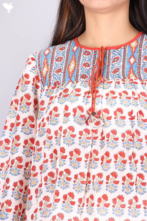 Cotton Silk Pleated Vintage Top In Floral Block Print